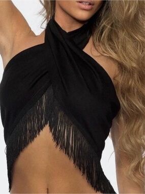 Women's Black Halter Fringe Crop Top - Sleek Party Crop🔥🔥🔥
